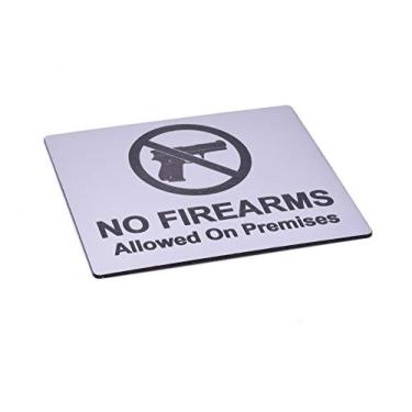 Imagem de Sem armas de fogo, placa de prata adesiva aviso de aviso, prata metálica gravada preta com símbolo universal de ícone e texto (tamanho 12,7 cm x 10,16 cm)