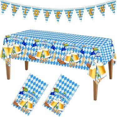 Imagem de BCCSNNM Oktoberfest Toalha de mesa de plástico, 2 peças de capa de mesa xadrez azul e branca e bandeiras de banner para decorações de festa Oktoberfest do festival de cerveja da Baviera (137 x 272 cm)