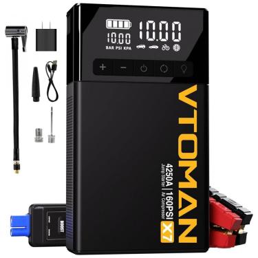 Imagem de Compressor de Ar Portátil 160 PSI Recarregável com Display Inteligente e Acionador de Partida, 12V, VTOMAN X7, Preto