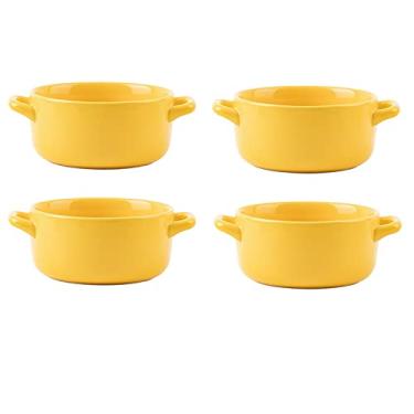 Imagem de Conjunto de 4 tigelas de sopa de cerâmica com alças, conjunto de tigelas de cerâmica para sopa, cereais e ensopado, tigela de café da manhã, potes de sopa, tigelas de sopa para cozinha (cor: amarelo)
