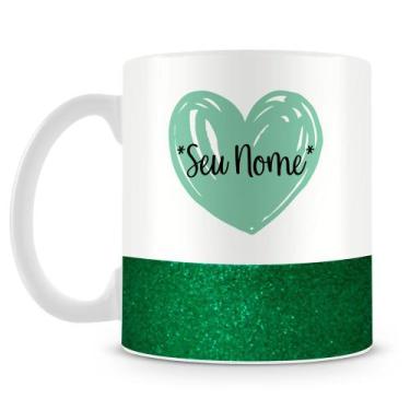 Imagem de Caneca Personalizada Base Glitter Verde com Coração e Nome - Amo Canec