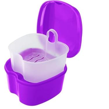 Imagem de 1 estojo para dentadura dentária, protetor bucal dentário, limpeza de caixa de banho com escova, cesto de filtro e tampa à prova d'água - roxo