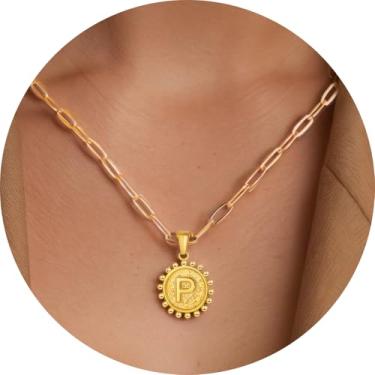 Imagem de Colar com pingente circular inicial A-Z, joia personalizada de aço inoxidável com bordas decorativas, adequado para mulheres, F, Aço inoxidável, Sem Pedra Preciosa