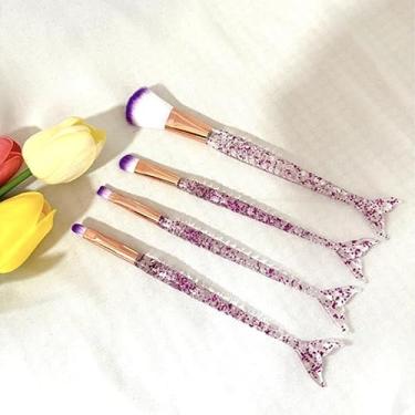 Imagem de Conjunto de pincéis de maquiagem de sereia de 4 peças – cerdas macias, alças de cristal brilhante, ferramentas de beleza multiuso portáteis para base, blush, sombra – perfeito para casa, viagens e em