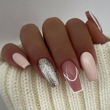Imagem de Kit de unhas de pressão médio longo caixão, unhas postiças com design de glitter de luxo cola em gel nas unhas para mulheres cobertura completa acrílico artificial bastão falso em unha para casamento