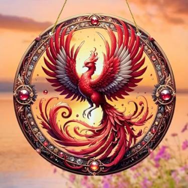 Imagem de Acrílico colorido Suncatcher, Fire Phoenix 18 cm, decoração de janela suspensa com design de vitral impresso, apanhador de sol, ideia de presente e ornamento de jardim, uso interno e externo