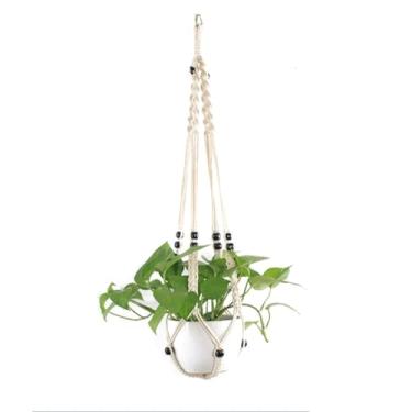Imagem de Cesto de plantas de macramê para pendurar em ambientes internos com contas de madeira, suporte decorativo para vaso de flores, sem borlas, para decoração de casa boho em ambientes internos e externos