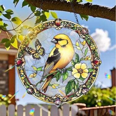 Imagem de Acrílico colorido Suncatcher, decoração para pendurar pássaros com design de estilo vitral impresso, arte de parede de arco-íris, refrator de luz do sol, decoração de casa interna e externa com