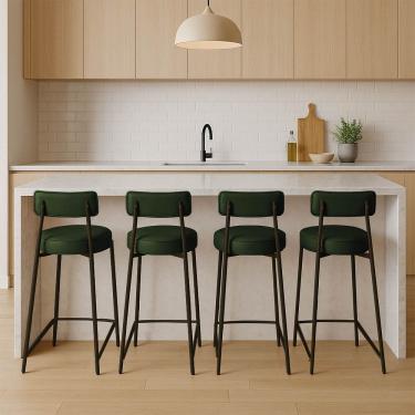 Imagem de Banqueta Cozinha Alta com Encosto Industrial Preto Kit 4 Londres PU D03 - D`Rossi