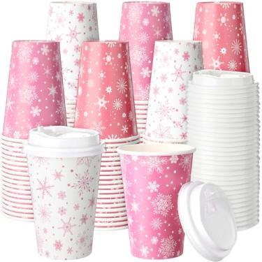 Imagem de Jingmore 60 peças de copos de café descartáveis de floco de neve rosa 473 ml copos de papel de café de inverno com tampa de papel isolado para bebidas quentes e frias, artigos de festa de aniversário
