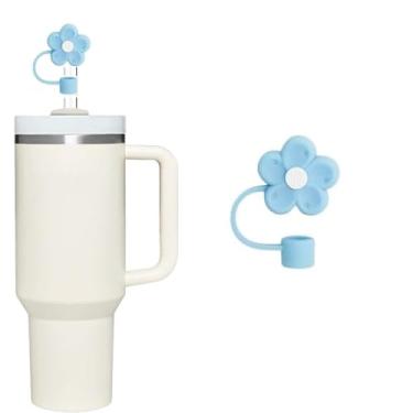Imagem de Capa de palha de silicone azul para Stanley Cup Acessórios de 40 e 850 g, tampa de palha de flor fofa de 10 mm para copos de 1,134 g, topo de palha reutilizável para copos, lindo topo de palha para