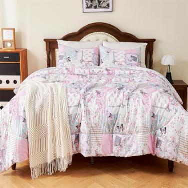 Imagem de Cmfshape Conjunto de edredom queen de borboleta rosa com estampa de flores, 3 peças, edredom de microfibra macia com fronhas para todas as estações, 88 x 88