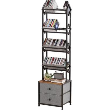 Imagem de Epouseter Rack de armazenamento de mídia com prateleiras de exibição inclinadas, organizador de DVD e CD de 5 camadas com 2 gavetas de tecido, estante industrial moderna para sala de estar e