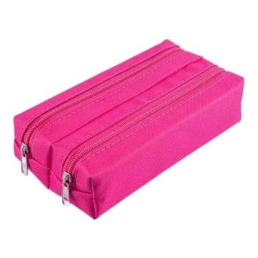Imagem de Estojo Escolar, Estojo de Lápis, Estojo Duplo Nylon Liso Grande 2 Divisórias Escolar(Pink)