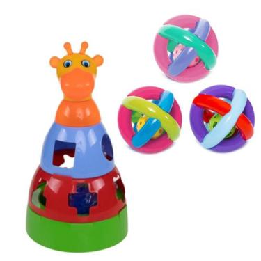 Imagem de Kit Bola Maluquinha Chocalho Mordedor+Girafa Empilhar Didático Bebê Cr