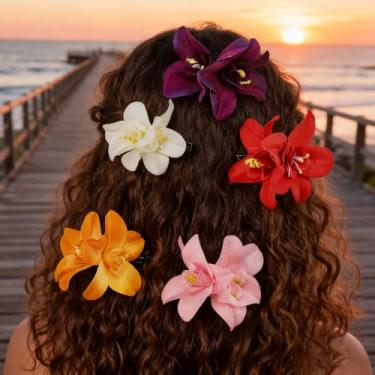 Imagem de Pacote com 5 grampos de cabelo de flores tropicais, design de orquídea vibrante, acessórios de cabelo com fechos seguros, decoração floral para eventos especiais, casamentos na praia, penteados de