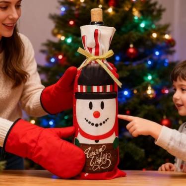 Imagem de Bolsa de garrafa de vinho de Natal, capas de garrafas festivas para decorações de festas, sacolas de presente com desenhos de boneco de neve 35 x 12 cm