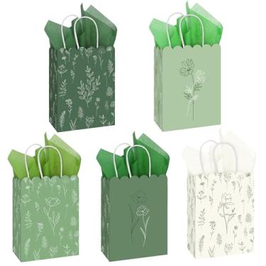Imagem de MIMIND 120 peças de sacos de presente de flores silvestres verdes sálvia com alças, sacos de papel florais reutilizáveis com papel de seda para casamentos, aniversários, lembrancinhas de festa de chá
