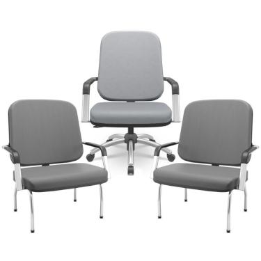 Imagem de Kit Cadeira De Escritório Giratória E 2 Cadeiras Fixas Cromada Magno P03 Vinil Cinza - Lyam Decor