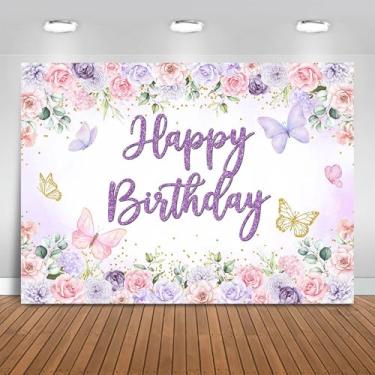 Imagem de Fitumiw Pano de fundo de borboleta para aniversário, 2,1 x 1,5 m, decoração de festa, faixa floral roxa e rosa, adereços para cabine fotográfica