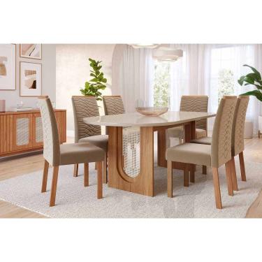 Imagem de Sala Jantar Mesa Valentina Oval 210cm + 6 Cadeiras Clarice Cinamomo/Off White - Carvalho/Suede Joli Capuccino - Cimol