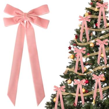 Imagem de 16 peças de laços de Natal de veludo rosa, 12,7 cm x 25,4 cm laços de fita de veludo para árvore de Natal, guirlanda, escada, lareira, decoração de Natal para ambientes internos e externos