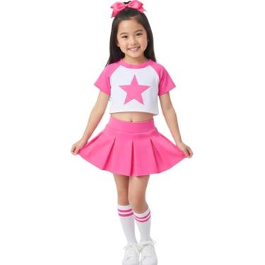 Imagem de Total 2550 Vestido infantil para meninas fantasia de líder de torcida uniforme de líder de torcida manga estrela de Halloween (rosa doce/branco, M/5-8)