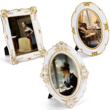 Imagem de Briwooody Conjunto de 3 porta-retratos vintage brancos antigos, molduras ovais antigas, 10 x 15 x 17 cm, molduras ornamentadas com tela frontal de vidro, arte de parede para presente de mesa (estilo