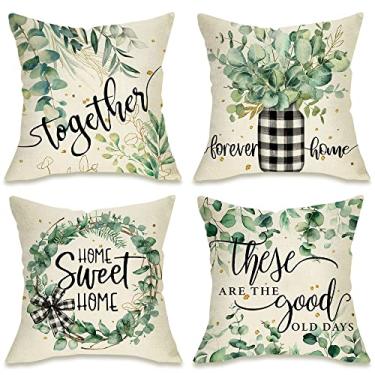 Imagem de Farmhouse Capa de almofada decorativa com folhas de eucalipto 40,6 x 40,6 cm, conjunto de 4, coroa de flores xadrez búfalo, casa, doce, casa, jarro de pedreiro, capa de almofada para alpendre