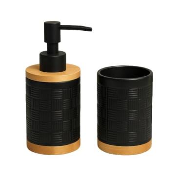 Imagem de Kit Banheiro de Cerâmica 2 Peças – Dispenser Porta Sabonete Líquido e Porta Escova de Dente | Ideal para Lavabo e Decoração Elegante(TIJOLINHO PRETO)