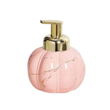 Imagem de Dispensador de sabão Dispensador de sabonete redondo para banheiro 460 ml/15,5 oz, em cerâmica, com bomba dourada e padrões mármore requintados(Pink)