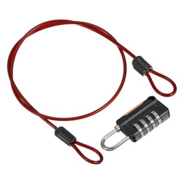 Imagem de PATIKIL Cabo de aço de segurança com trava de combinação de 4 dígitos, 1 conjunto de corda de fio de segurança revestida de 1,6 m cadeado de laço duplo para bagagem de viagem ao ar livre, vermelho