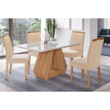 Imagem de Sala De Jantar Completa ágata Tampo Madeirado C/ Vidro 130x80cm E 4 Cadeiras Juliana Madeirado/suede Nude Bege - Cimol