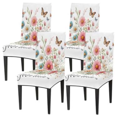 Imagem de hongjinglin Conjunto de 4 capas elásticas para cadeira de sala de jantar, capa protetora de assento de cadeira, simples, borboleta, flor, removível, lavável, para cozinha, casa, hotel, banquete, festa