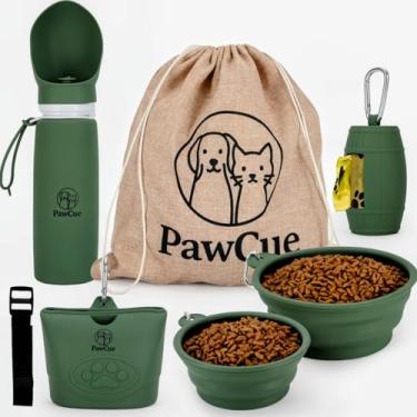 Imagem de PawCue Pet Travel Essentials Kit de viagem para cães com 2 tigelas dobráveis, bolsa de petisco de silicone, garrafa de água dobrável, bolsa de transporte de malha, suporte de saco de lixo, alça de