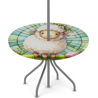 Imagem de hongjinglin Toalha de mesa de Páscoa para uso ao ar livre com orifício para guarda-chuva, toalha de mesa redonda elástica com zíper, impermeável, limpável, para piquenique, festa, pátio, serve para