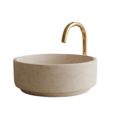 Imagem de Pia de vaso de banheiro redonda de pedra creme natural, pia de banheiro de mármore bege de 40,64 cm, pia de vaso de vaidade