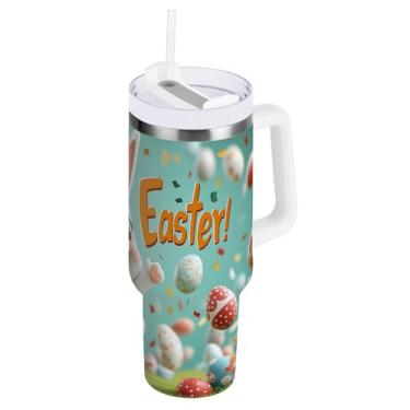 Imagem de Blueangle Copo fofo de coelho da Páscoa de 1,134 g com alça e tampa de palha, copo isolado reutilizável de aço inoxidável garrafa de água caneca de viagem (551)