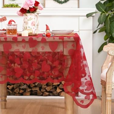 Imagem de Horaldaily Toalha de mesa retangular de renda com coração dos namorados, 152 cm x 203 cm, bordado vermelho, amor, coração, casamento, casamento à luz de velas, jantar, aniversário, decoração do dia