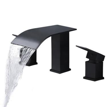 Imagem de FSCEPIXI Torneira de banheira romana com 2 alças, torneira de banheira de cachoeira com 3 furos, suporte de deck de enchimento de banheira generalizado, preto fosco
