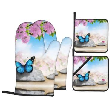 Imagem de Design Butterflies - Conjunto de luvas de cozinha estampadas com suportes de tampa, luvas de forno resistentes ao calor para manusear panelas quentes, grelhar, churrascos, kit de 4 peças.