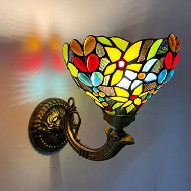 Imagem de Arandela de parede antiga estilo Tiffany com vitrais florais, luminária de cabeceira estilo pastoral americano, feita à mão, para corredor, quarto ou hall de entrada, E27