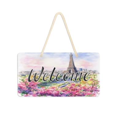 Imagem de Burbuja Placa de boas-vindas com pintura de flores da Torre de Paris para porta da frente, placa de boas-vindas de PVC para decoração de férias, 15 x 28 cm