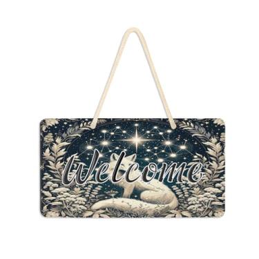 Imagem de Burbuja Placa de boas-vindas Wolf at Night para porta da frente, placa de boas-vindas de PVC para decoração de férias, 15 x 28 cm