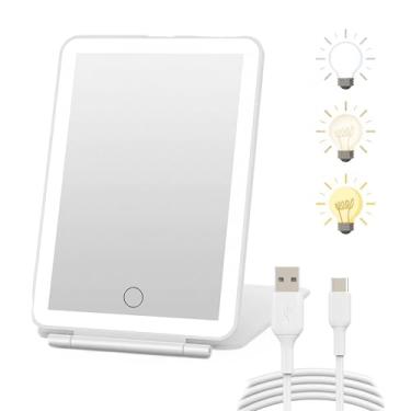 Imagem de Espelho de maquiagem recarregável para viagem (19 cm C × 13 cm L), 72 luzes de LED, ampliação 1X/3X, 3 modos de cor, brilho regulável ao toque, espelho dobrável portátil iluminado para bolsa, mesa