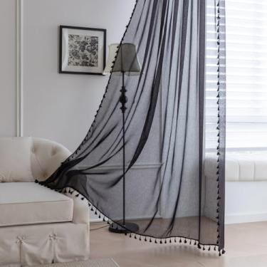 Imagem de Erbnaryx Cortinas pretas transparentes de 183 cm de comprimento, bordas com franjas e cortinas semitransparentes texturizadas, tratamentos de janela grande para sala de estar/quarto, 3 painéis