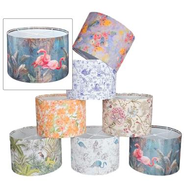 Imagem de Royal Designs, Inc. Abajur de tambor de tecido tropical para abajur de mesa e luminária de chão, coleção Flora, 40,6 x 40,6 x 25,4 cm - Montagem fácil, flamingo tropical