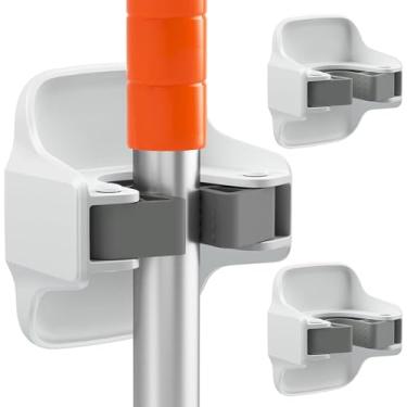 Imagem de Pacote com 2 suportes de vassoura, fixadores de parede, sem perfuração, autoadesivos, antiderrapantes, cabides de pá e vassoura, organizador de garagem, prateleiras de armazenamento - branco