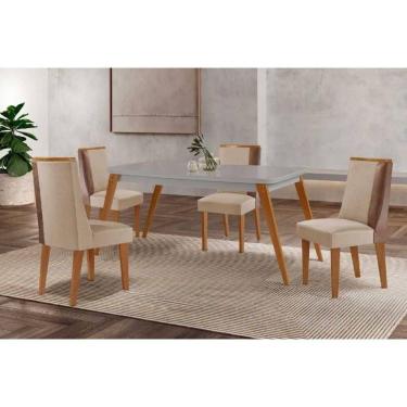 Imagem de Sala Jantar Mesa Havana Tampo c/ Vidro Curvo 120cm+4 Cadeiras Tilia Madeira Naturale/Off White - Capuccino/Suede Creme - Rufato