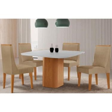 Imagem de Sala Jantar Mesa Maldivas Tampo c/ Vidro Curvo 90cm+4 Cadeiras Dakota Madeira Naturale/Off White - Capuccino/Linho Bege - Rufato